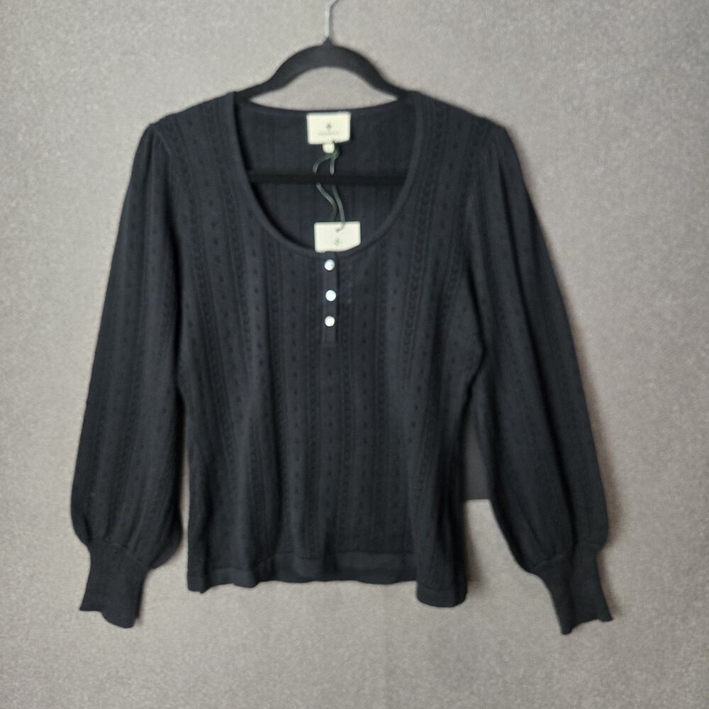 Tuckernuck L Black Puff Long Sleeve Henley Knit Top